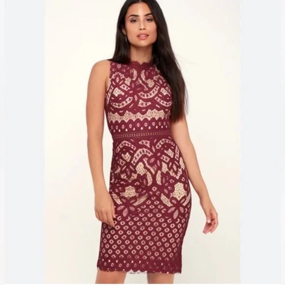 knee length dresses for ladies Burgundy High Neck Lace Maxi Dress with Tie Waist main image 0